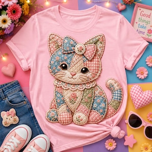 Puede incluir: Una camiseta rosa claro con una gran ilustración central de un gato estilo patchwork. El gato está compuesto por varios patrones de tela florales, de cuadros y de lunares en tonos azul, rosa y crema, con un cuello de encaje y un lazo en la cabeza.