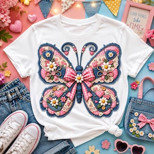 Puede incluir: Una camiseta blanca de manga corta con un gran gráfico central de mariposa compuesto por parches de textura vaquera, tela de cuadros vichy rosa, estampados florales, pequeñas margaritas blancas, botones y un lazo vichy rosa en el centro.