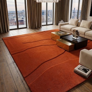 Tapis en laine de qualité supérieure touffeté à la main | Ondulé abstrait orange brûlé organique terre cuite | Tapis luxueux en peluche à poils longs, décoration moderne pour salon