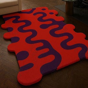 Bold Modern Hand Tufted Wool Rug – Red & Purple Abstract Wavy Pattern Carpet, Contemporary Art Area Rug for Living Room and Bedroom, custom