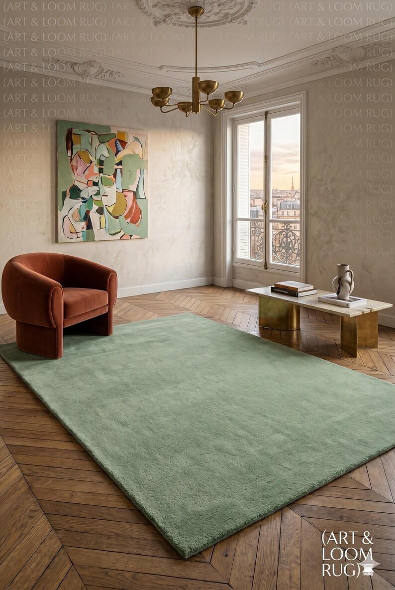 May include: A large, rectangular, sage green rug dominates a room with hardwood floors. An abstract painting hangs on the wall, and a rust-colored armchair sits near the rug. A brass chandelier hangs from the ceiling.