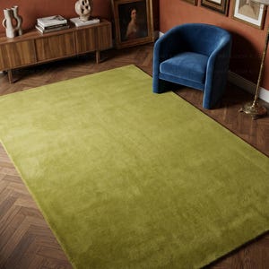 May include: A large, rectangular, olive-green area rug. The rug is the focal point of a room with a wooden floor, a blue armchair, and a wooden cabinet. The walls are painted a warm, reddish-brown color.