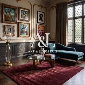 May include: A luxurious living room featuring a deep red rug, a teal chaise lounge, and a glass coffee table with brass legs. Artwork adorns the walls, and a tall glass lamp stands near the window. The room has a classic, elegant design.