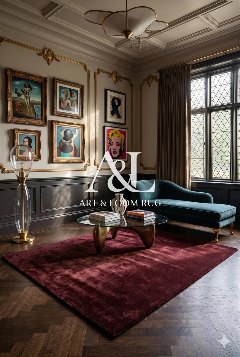 May include: A luxurious living room featuring a deep red rug, a teal chaise lounge, and a glass coffee table with brass legs. Artwork adorns the walls, and a tall glass lamp stands near the window. The room has a classic, elegant design.