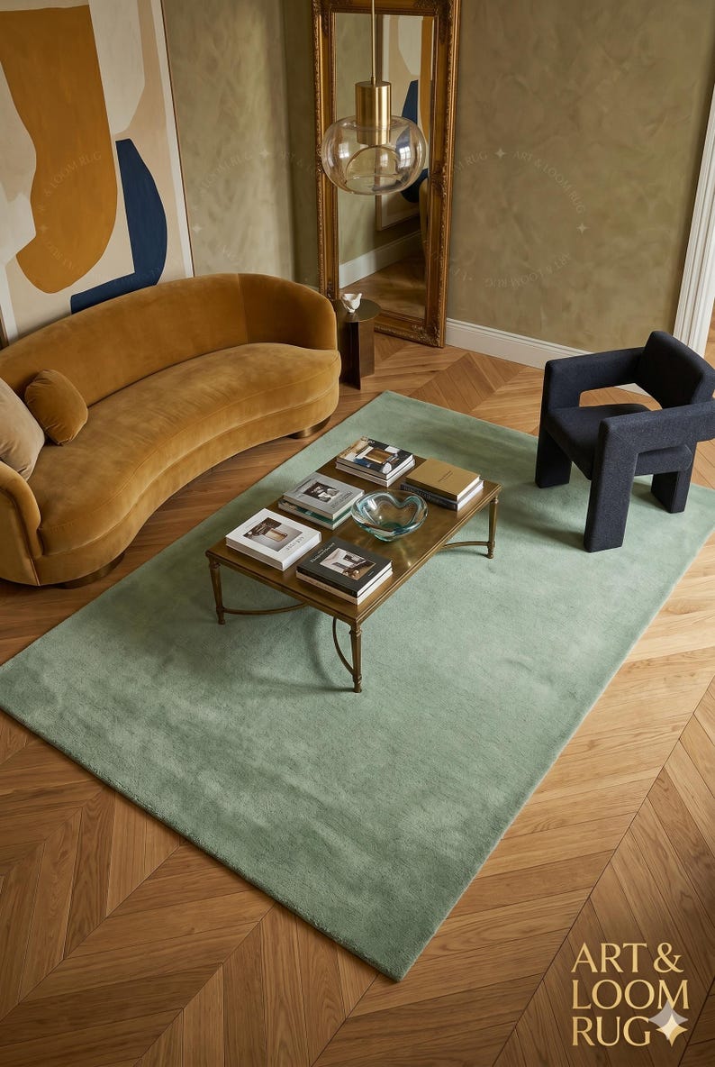 May include: A sage green rectangular rug in a living room setting. The rug is placed on a wooden floor with a herringbone pattern. A gold-toned coffee table with books and a glass bowl sits on the rug. A mustard-colored sofa and a dark blue chair are also in the room.