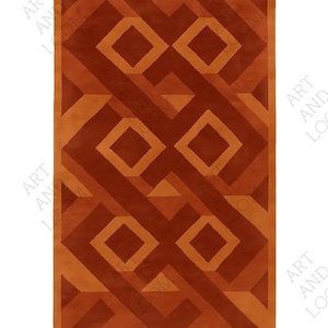 May include: Rectangular rug with a geometric pattern in shades of orange and brown. The design features repeating diamond and triangular shapes, creating a modern and symmetrical look. The rug has a border and is suitable for home decor.