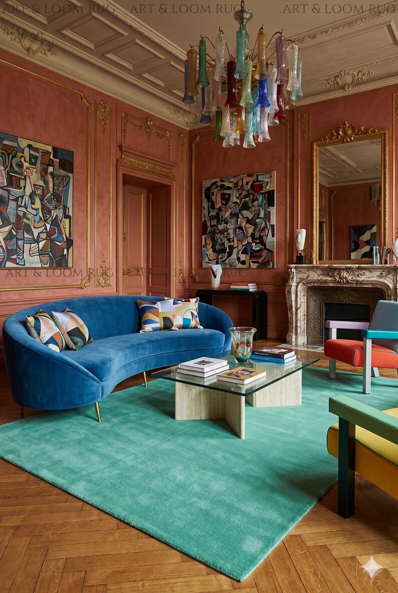 May include: A luxurious living room featuring a teal rug, a curved blue velvet sofa with patterned pillows, and a glass-top coffee table. The room has coral-colored walls, gold trim, and a colorful glass chandelier. Artwork and a fireplace complete the elegant space.