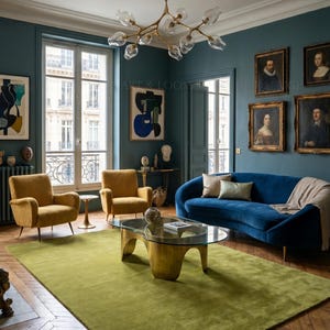 May include: A living room with a green rug, two yellow armchairs, and a blue sofa. The room has a gold chandelier and artwork on the walls. The rug is a large rectangle.