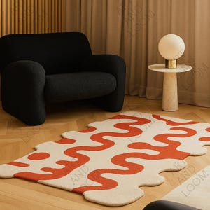 Modern Abstract Red ivory Rug – Hand Tufted Wool Area Rug, Wavy Pattern Carpet for Living Room, Bedroom, Mid Century & Contemporary Decor