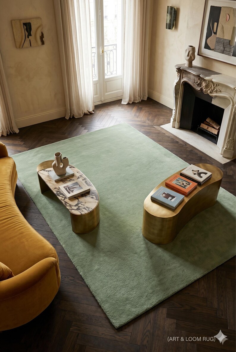 May include: An interior shot featuring a light green rug, two unique coffee tables, and a mustard-yellow sofa. The coffee tables have a gold base and marble or stone tops. Books and decorative vases are on the tables. The room has a fireplace and large windows.