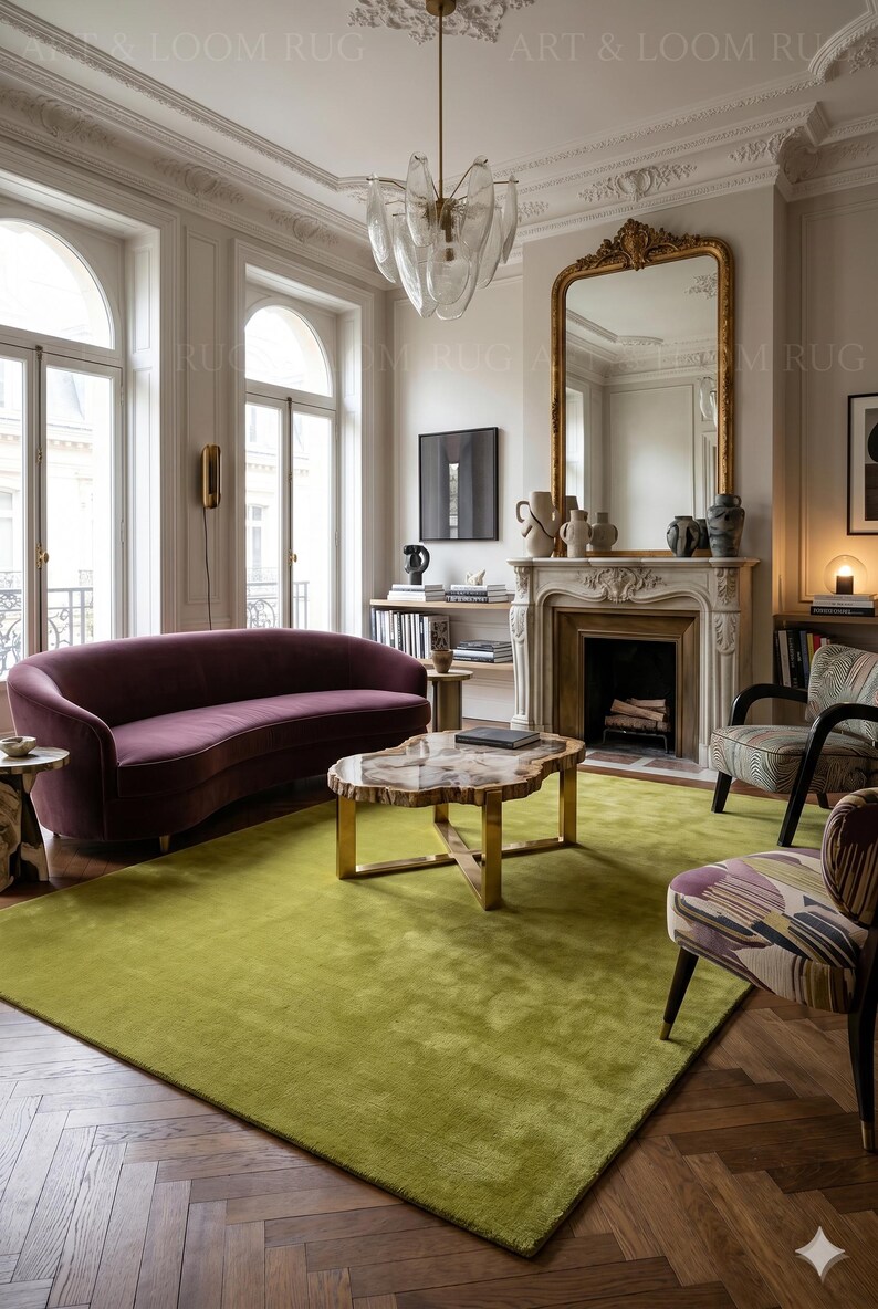 May include: A living room featuring a large, lime green rug, a curved purple sofa, and two patterned armchairs. A gold-framed mirror and a fireplace add elegance. A unique coffee table sits in the center.