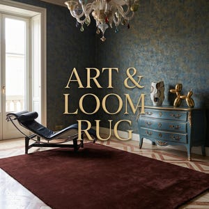 May include: A luxurious interior scene featuring a deep red rug, a black leather chaise lounge, and a teal dresser with gold accents. A chandelier hangs from the ceiling. The text "ART & LOOM RUG" is displayed.
