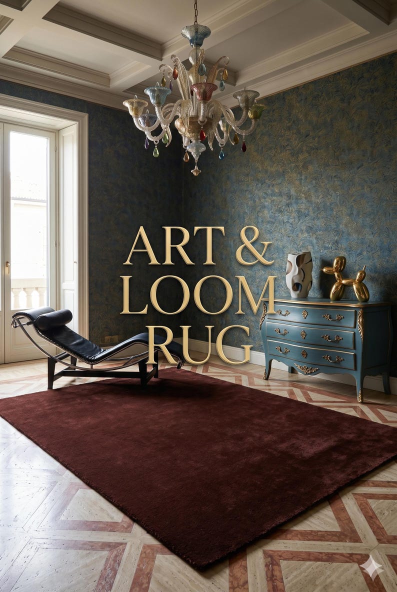 May include: A luxurious interior scene featuring a deep red rug, a black leather chaise lounge, and a teal dresser with gold accents. A chandelier hangs from the ceiling. The text "ART & LOOM RUG" is displayed.