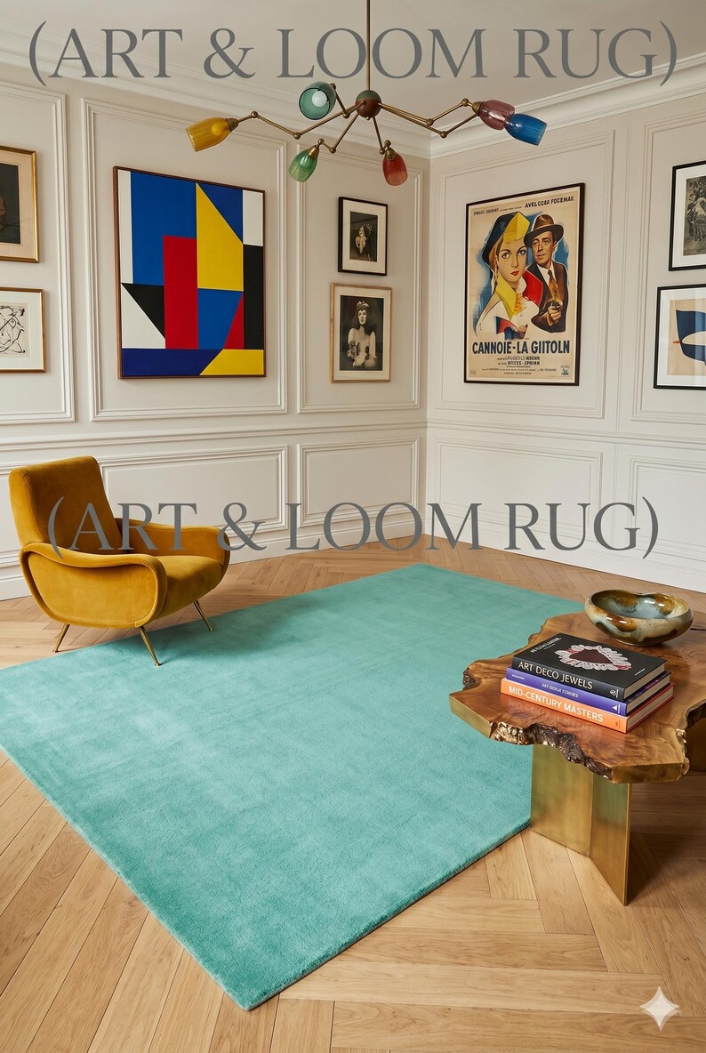 May include: A teal-colored rug dominates the room, complemented by a mustard-yellow armchair. The room features artwork, including a colorful abstract painting and a vintage movie poster. A wooden coffee table displays books with the text "ART DECO JEWELS" and "MID-CENTURY MASTERS". The text "(ART & LOOM RUG)" is visible.