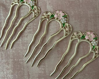 Gold Tone Floral Hair Forks | Enamel Flower, Pearl Accents, Hair Comb