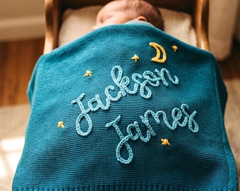 Personalized Baby Name Blanket, Custom Embroidered Cotton Knit Swaddle, Newborn Gift, Baby Shower Keepsake
