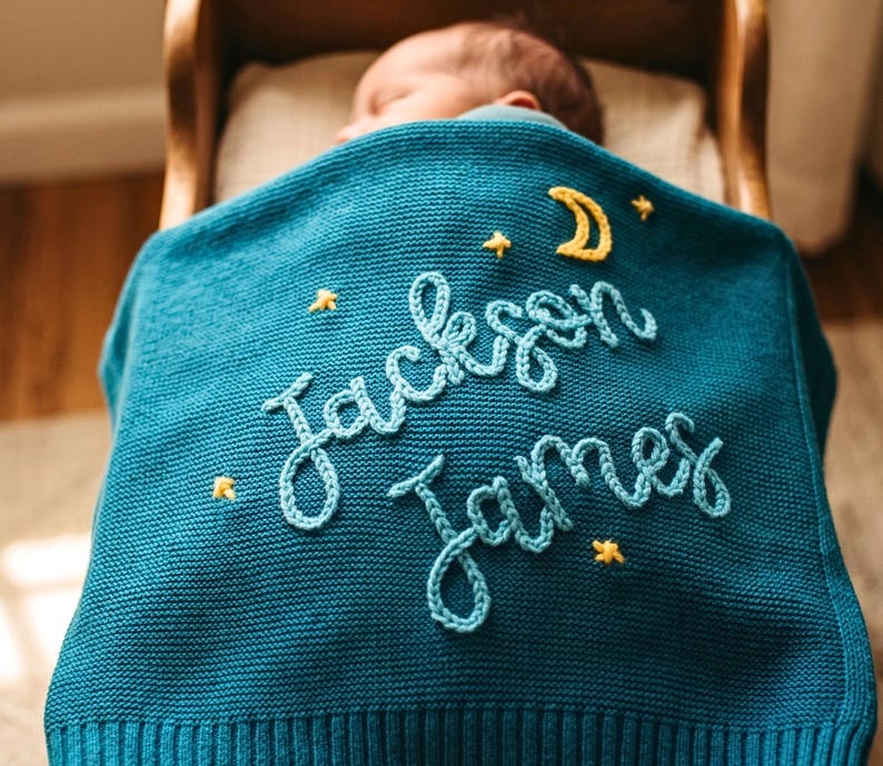 Personalized Baby Name Blanket, Custom Embroidered Cotton Knit Swaddle, Newborn Gift, Baby Shower Keepsake