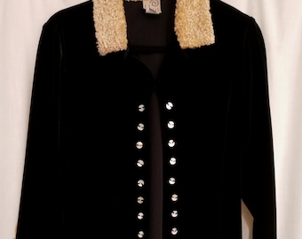 Vintage 90s faux fur collar funky button black velour cardigan