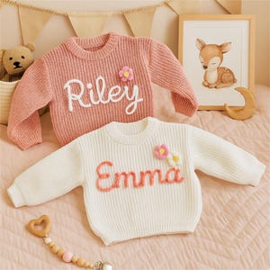 Personalized Knit Baby Sweater, Hand-Embroidered Cotton Name Jumper