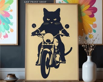ヴィンテージ黒猫バイクアートプリント - レトロバイカーイラスト（デジタルダウンロード）