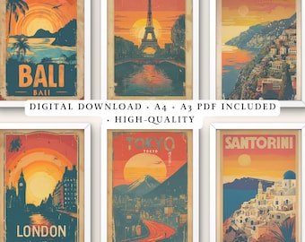 Boho Vintage Travel Poster Set, Paris, Bali, Tokyo, London, Amalfi, Santorini (Digital Download)