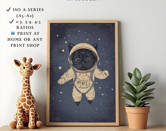 Astronaut Cat Nursery Art | Whimsical Space Kitten Poster (Digital Download)