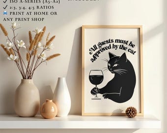 Grillige zwarte kat-kunstdruk – abstracte illustratie kat met wijn