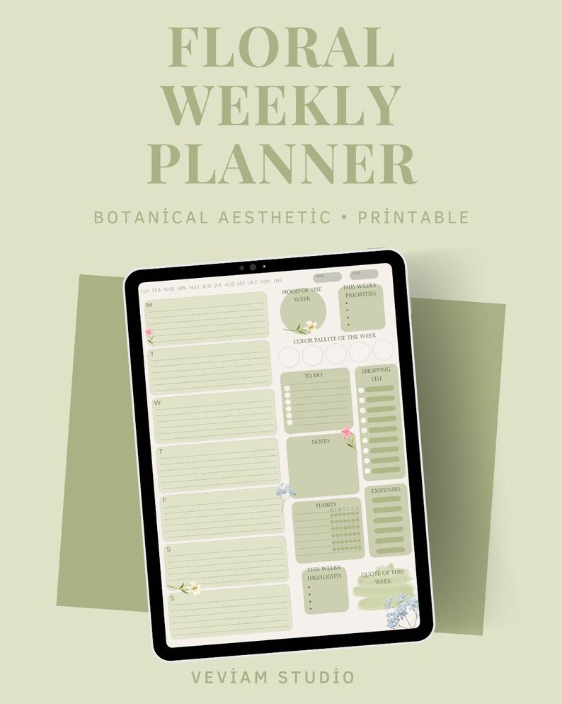 Floral Weekly Planner Undated | Printable | Green Botanical Template ...