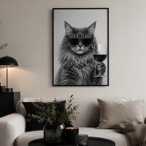 Funny Maine Coon Cat Poster | Black and White Cat Wall Art | Cool Cat with Sunglasses & Wine | Printable Cat Print | Digital Download