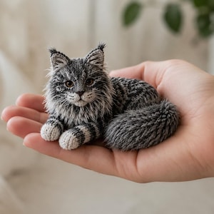 Peut inclure: Une petite figurine tricotée à la main représentant un chat tigré gris avec des pattes et une poitrine blanches. Le chat présente des rayures gris foncé détaillées, des oreilles pointues avec des touffes et des yeux ambrés, faits de laine fine.
