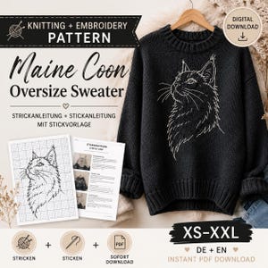 Puede incluir: Un suéter de punto negro con un bordado de líneas blancas de una cabeza de gato Maine Coon. El producto incluye un patrón digital de tejido y bordado con instrucciones paso a paso, disponible en tallas de la XS a la XXL como descarga.
