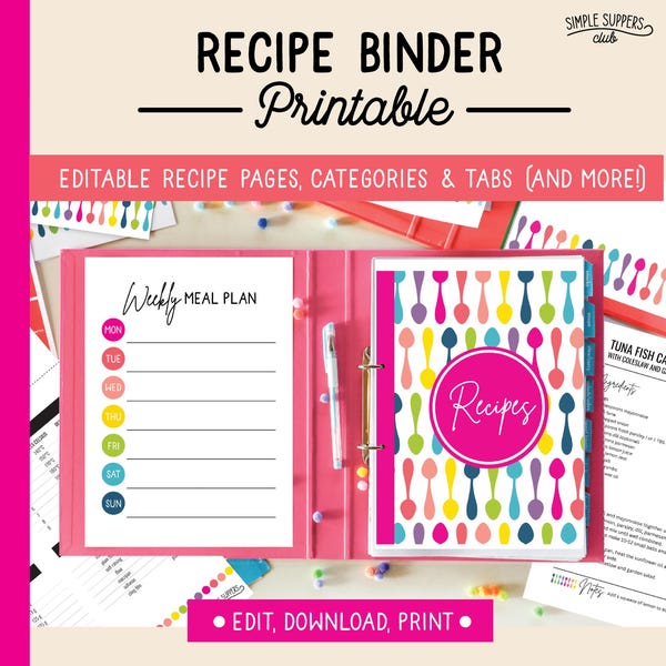 Ensemble de reliure de recettes imprimable : modèles modifiables, planificateur de repas (téléchargement numérique)