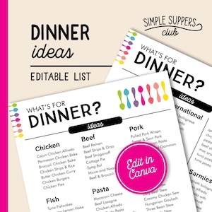 Editable Dinner Ideas List: Family Meal Planner Canva Template (PDF)