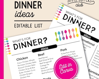 Bewerkbare lijst met dinerideeën: canva-sjabloon voor gezinsmaaltijdplanner (pdf)
