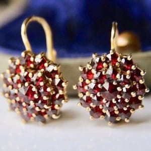May include: A pair of gold-coloured earrings, each with a cluster of small, deep red gemstones. The earrings have a floral or starburst design, with the red stones set closely together. The background is blurred, with a hint of blue and gold.