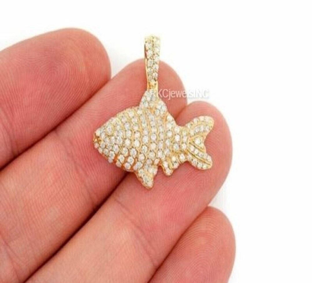 Simulated Diamond Fish Pendant 14k White Gold Plated Gemstone Animal ...
