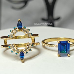 Emerald Cut Blue Sapphire Engagement Ring Set, 14k Yellow Gold Plated, Diamond Enhancer Band