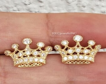 Gold Plated CZ Crown Stud Earrings, Minimalist Jewelry