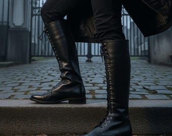 Handcrafted Tall Leather Boots for Men | Gothic Lace-Up Riding Boots | Medieval-Inspired Footwear