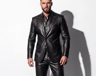 Men's Black Leather Suit, Crocodile Texture Leather Blazer Set, Luxury Designer Leather Suit, Custom Leather Formal Outfit