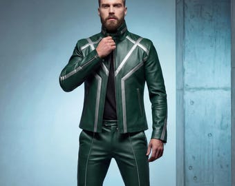 Men's Green Leather Suit Set – Slim Fit Leather Jacket & Pants Outfit – Modern Statement Leather Wear