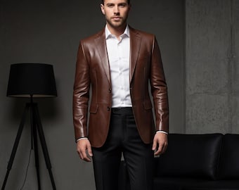 Men's Brown Leather Blazer – Slim Fit Genuine Leather Jacket for Business & Formal Wear
