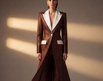 Women’s Brown Leather Long Coat Set, Tailored Leather Suit, White Lapel Blazer Coat, Luxury Formal Outfit, Designer Leather Ensemble