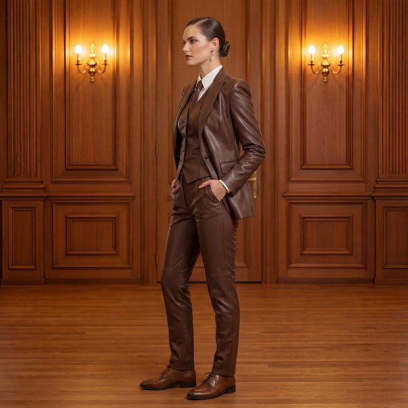 May include: A brown leather suit, including a blazer, vest, and trousers, is worn by a person standing in a room with wood paneling. The suit is paired with a white collared shirt and brown leather shoes. The room is lit by wall sconces.