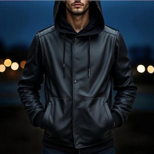 Men’s Black Leather Hoodie Jacket | Streetwear Zip Coat | Custom Fit Bomber Style Hooded Jacket