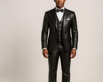 Black Leather Tuxedo Suit: Custom Fit Formal 3-Piece Set