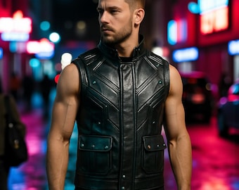 Cyberpunk Black Leather Vest: Handmade Biker Sleeveless Jacket