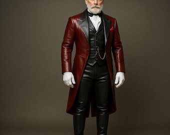 Handgemaakte echt lederen Victoriaanse gotische slipjas outfit: hemd en broek