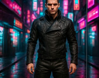 Conjunto de chaqueta y pantalón de cuero cyberpunk para hombre / Atuendo gótico futurista / Cuero auténtico