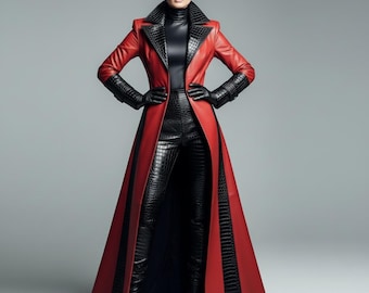 Women Red Leather Trench Coat Outfit, Gothic Leather Coat, Long Leather Coat for Women, Designer Leather Fashion Outfit